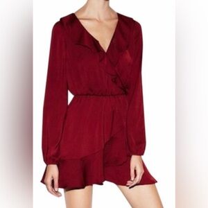 EXPRESS Dress Ruffle Front Sz XS Faux Wrap Ruffles w Long Sleeves Wine Red
